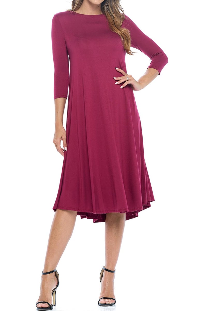 iconic luxe Women's Swing Midi Dress â€“ 3/4 Sleeve Flowy A-Line Tunic â€“ Soft, Stretchy, Comfortable, and Versatile Casual Dress for Everyday Wear Small Burgundy - Image 2